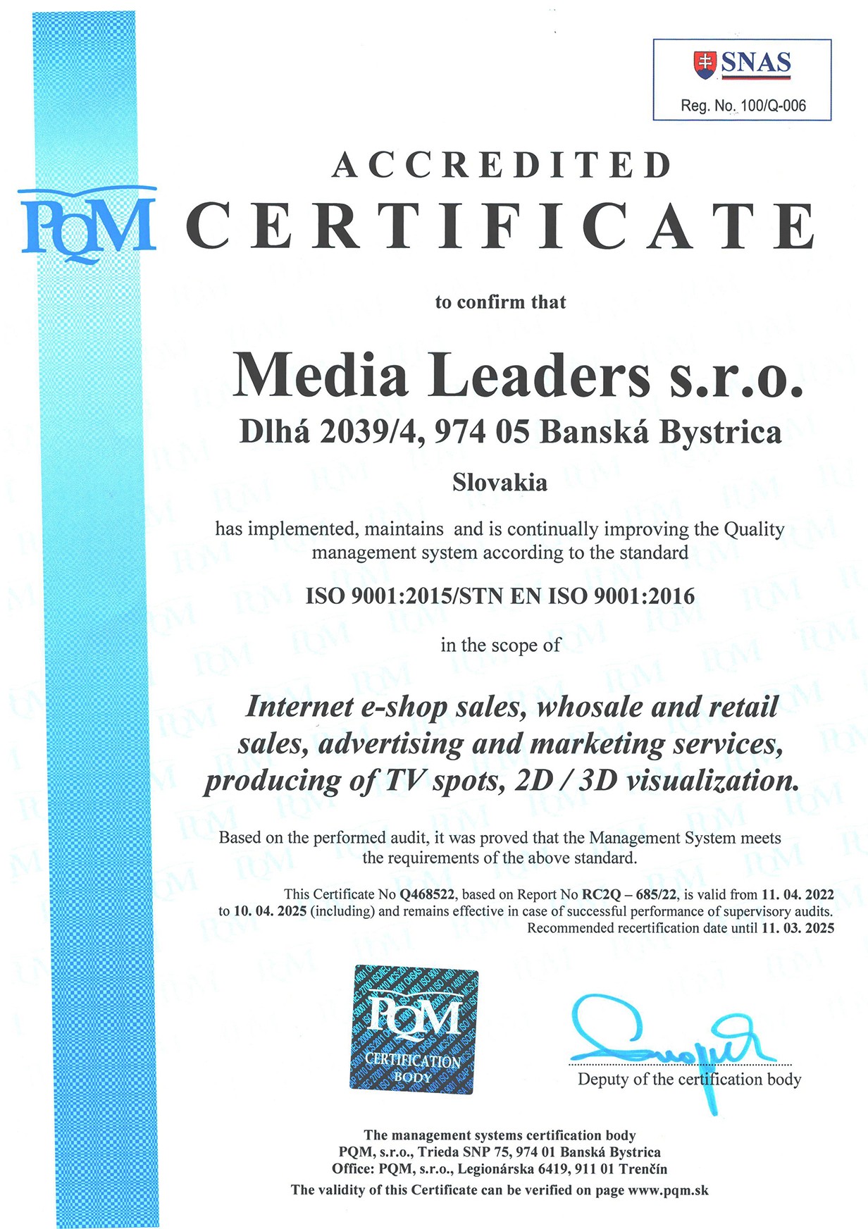 iso certificate 9001:2008 Media Leaders