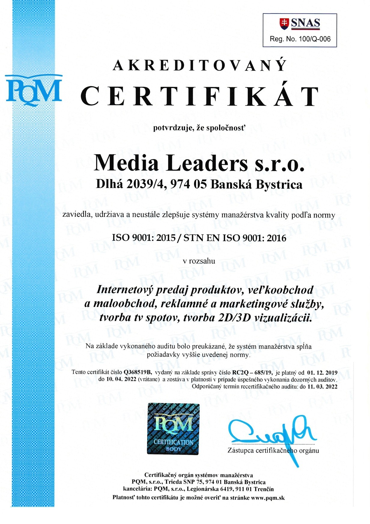 iso 9001 certifikat media leaders sro
