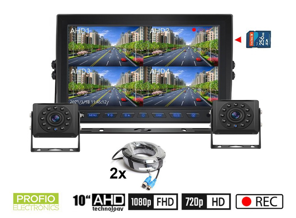 Cúvacie kamery AHD set s nahrávaním na SD kartu - 2x HD kamera s 11 IR LED + 1x Hybridný 10" AHD monitor
