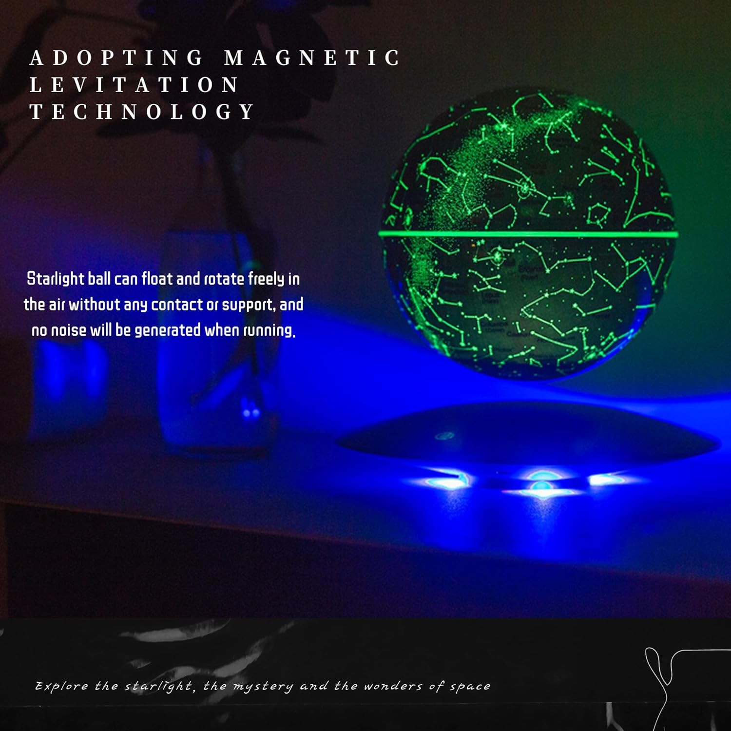 levitacna technologia - vznasajuca sa gula lampa na stol