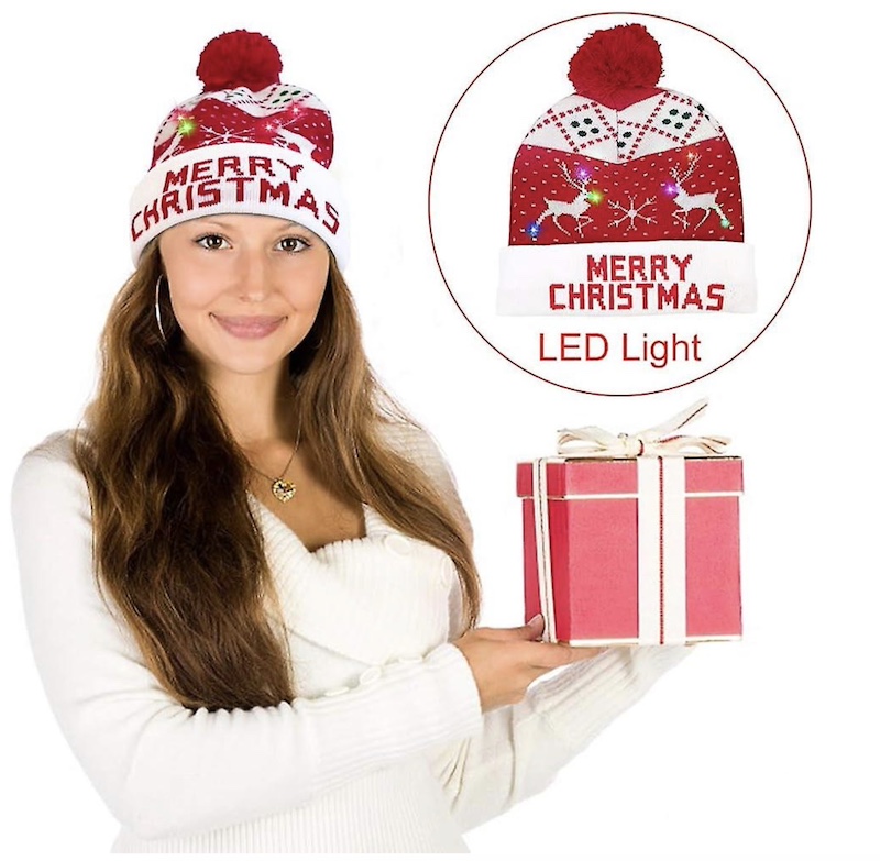 Zimná čiapka s brmbolcom svietiaca vianočná s LED žiarovkami - MERRY CHRISTMAS