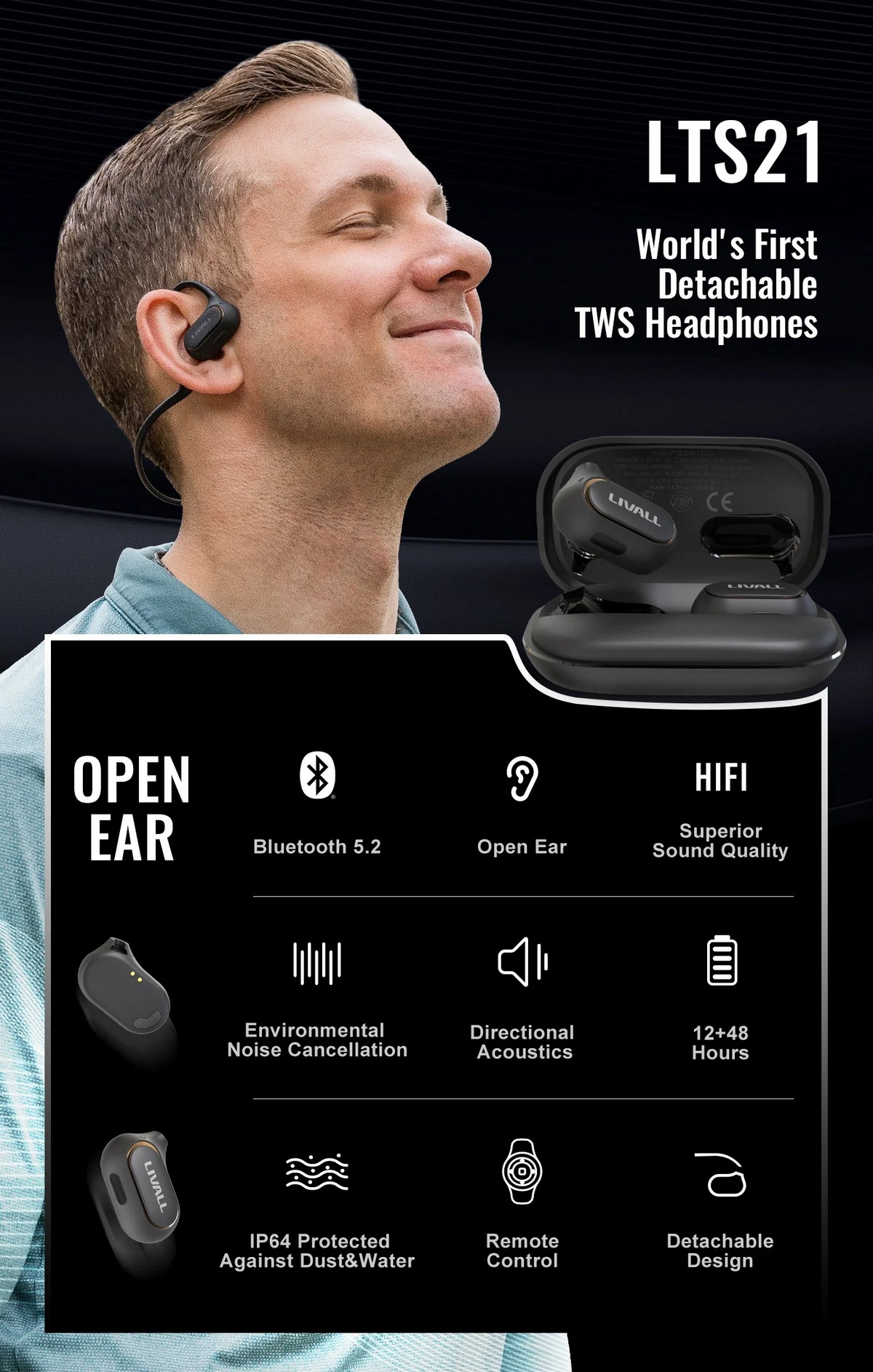 Športové bezdrôtové slúchadlá s bluetooth - odnímateľný open-ear design