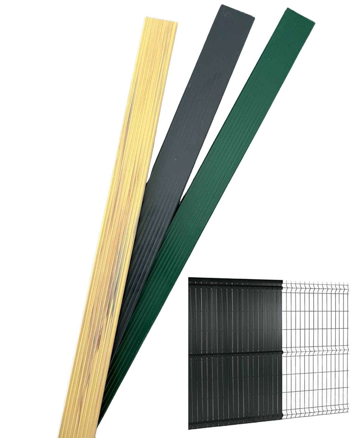 Plastová výplň pletiva (plotu) a 3D panelov z PVC lišty - Vzorka 3ks farieb 50cm dĺžka