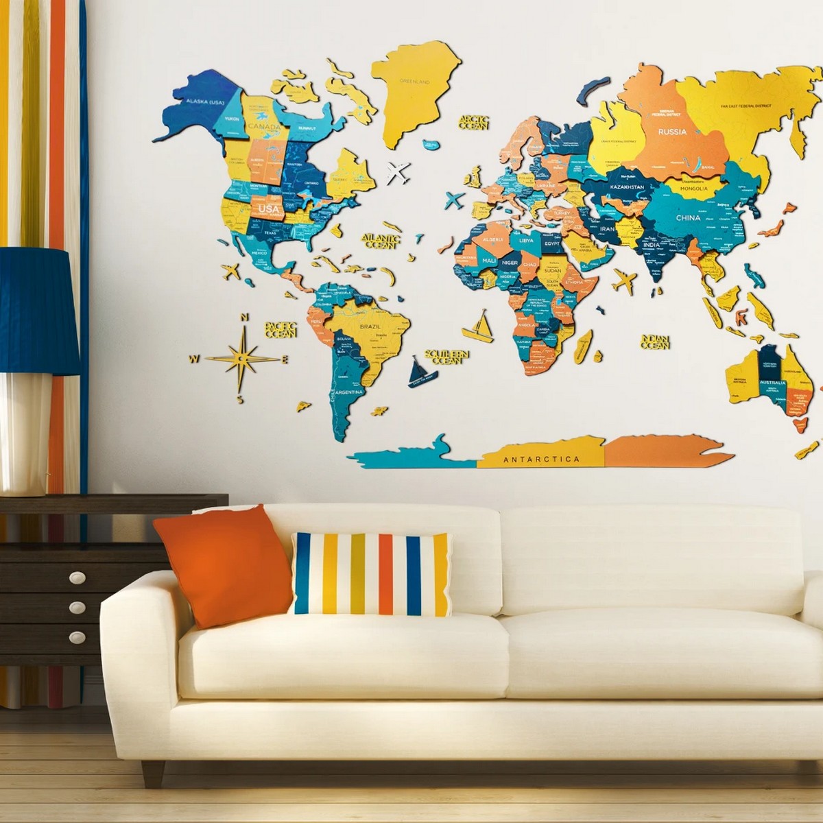 rucne farbena 3D mapa sveta na stenu