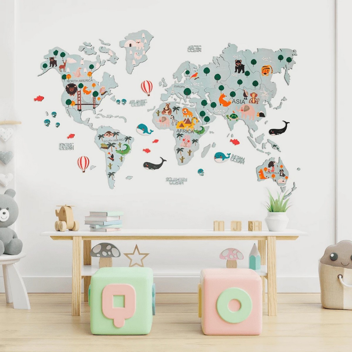 detska mapa sveta na stenu 2d drevena