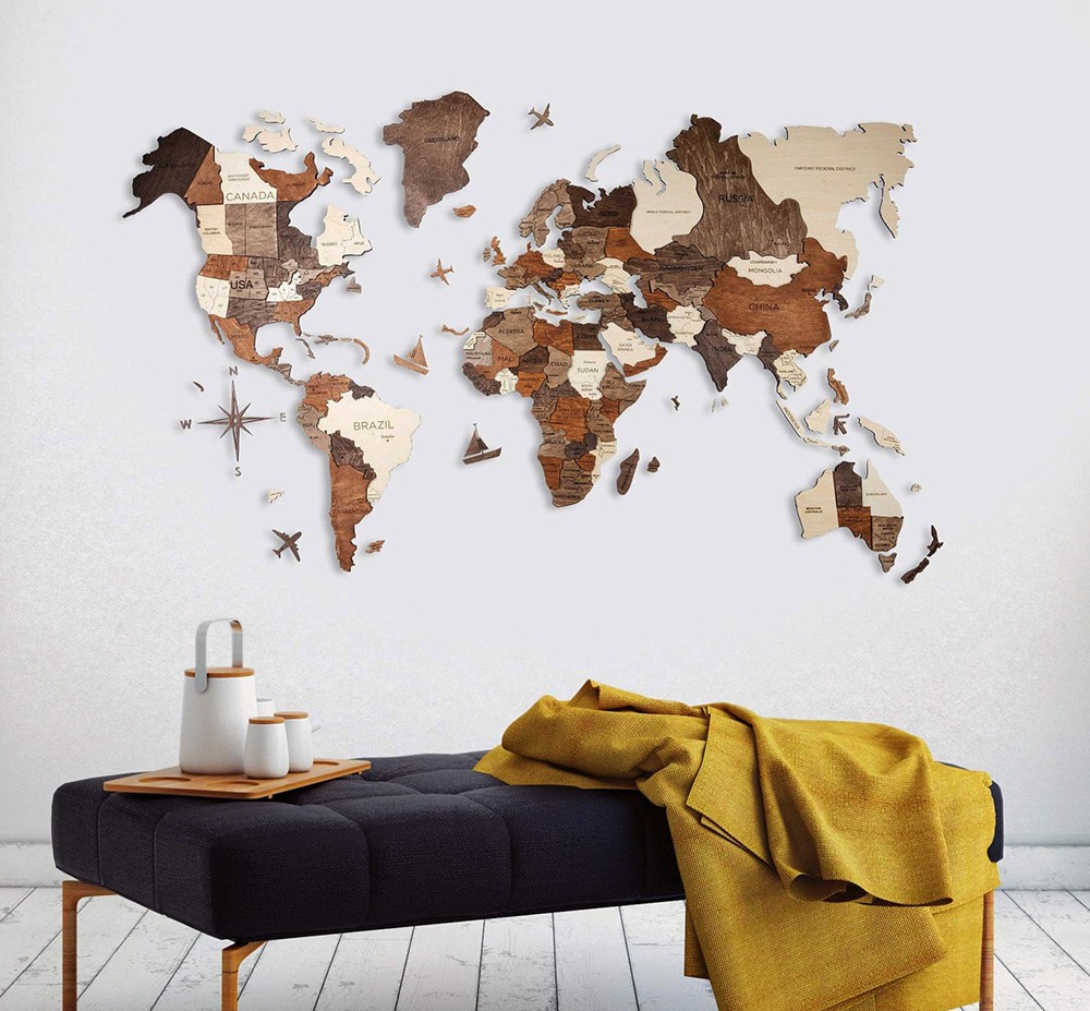 3D drevena mapa sveta na stenu