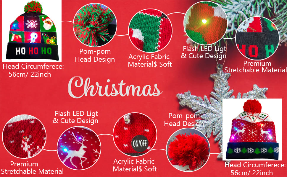 Vianočné čiapky zimné s brmbolcom rôzne motívy (dizajny) svietiace s LED 
